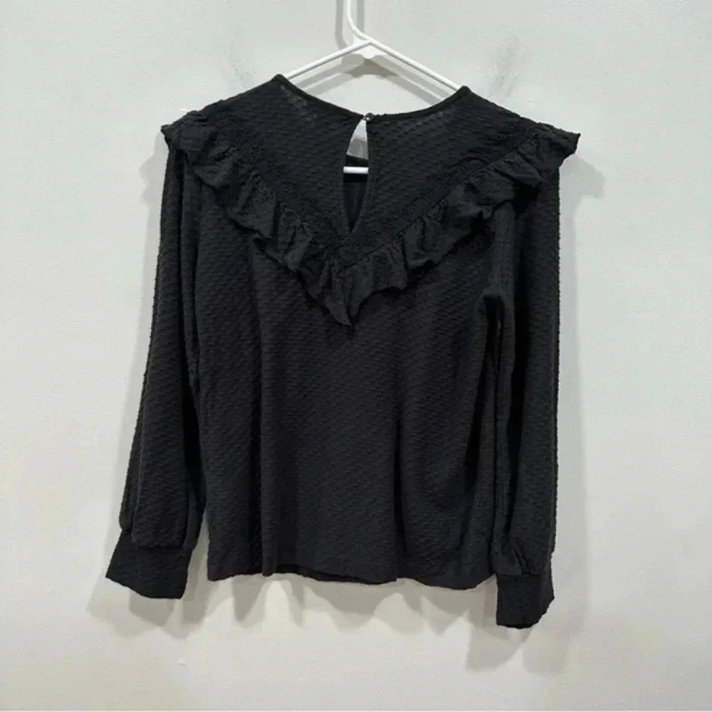 J Crew Honeycomb Ruffle Trimmed Blouse black XXS